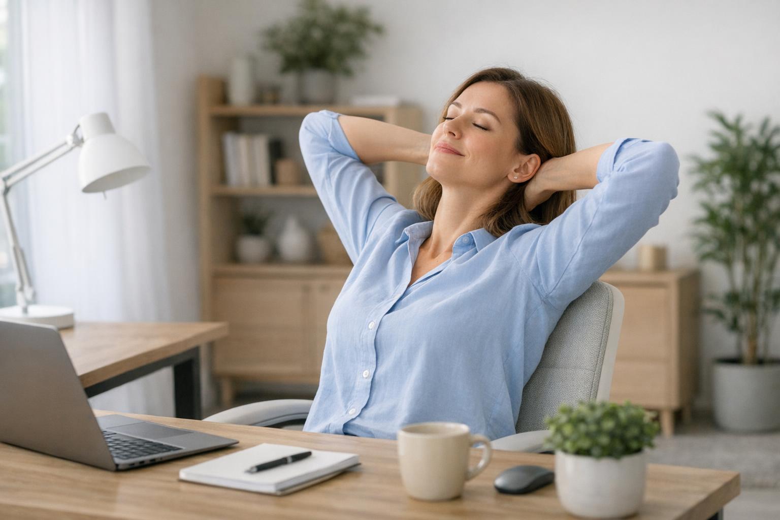 osoba wykonująca delikatne rozciąganie pleców przy biurku